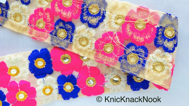 Beige Net Lace Trim In Blue, Off White, Fuchsia Pink And Gold Floral Embroidery And Mirror Embellishments